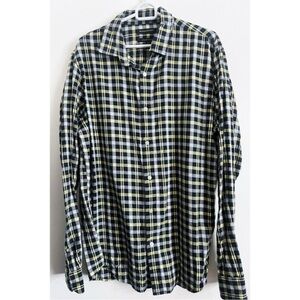 Banana Republic • Navy Yellow Plaid Button Down Shirt Untucked Slim Fit